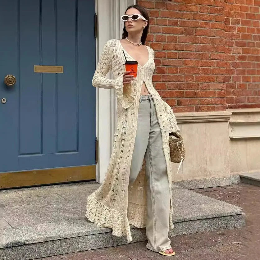 Maxi Cardigan Button Front Long Sleeve Sheer Open-knit Long Cover-up Jacket