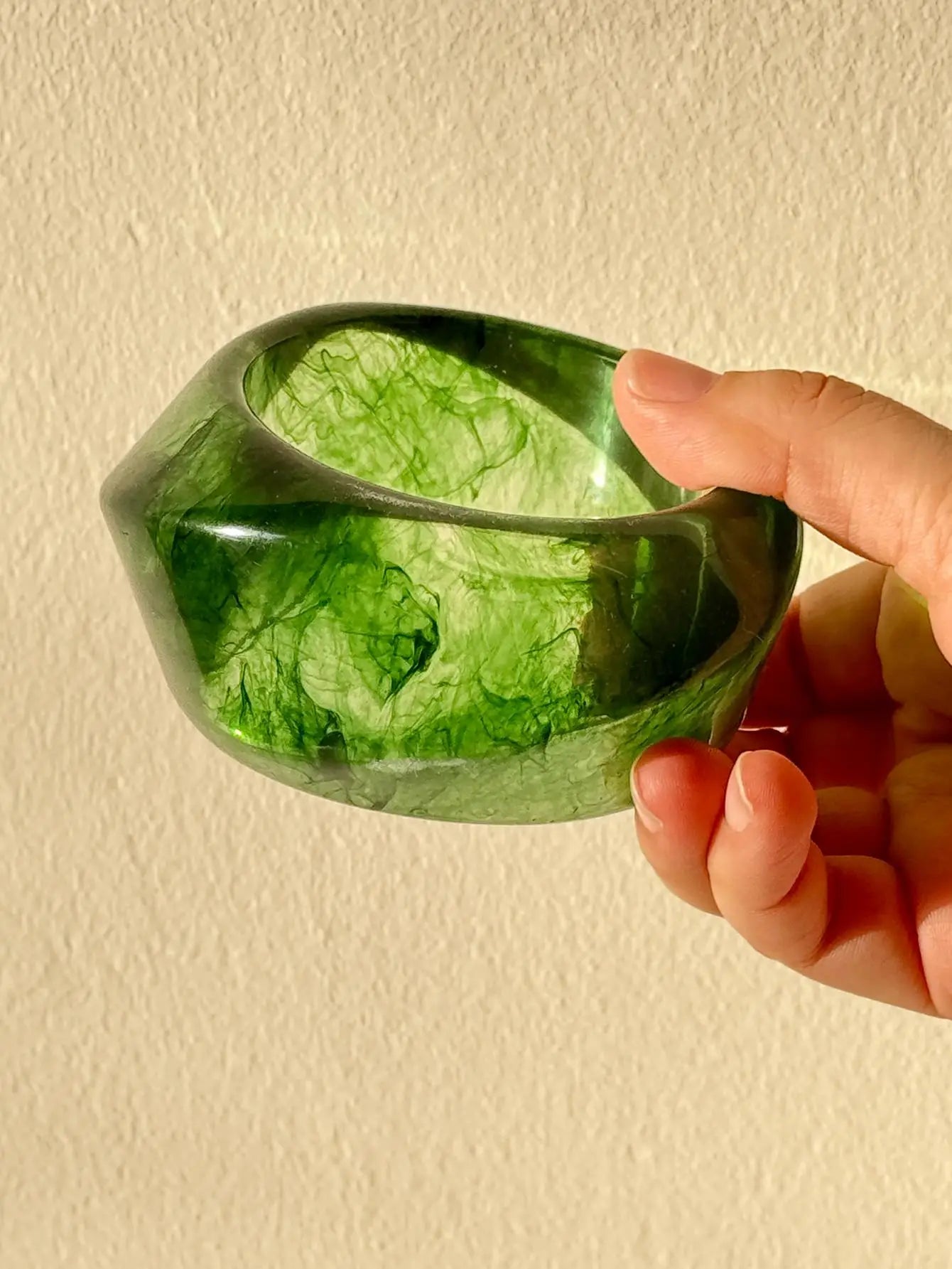 Chunky Geometric Wide Green Transparent Resin Bangle Bracelets