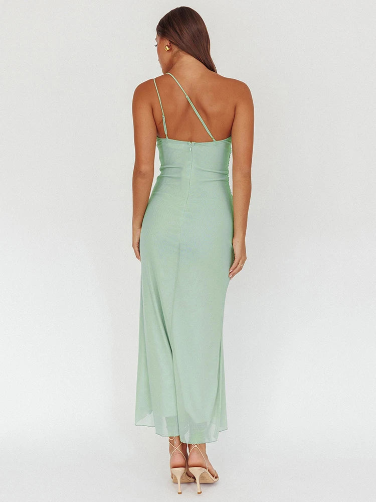 One Shoulder Draped Ruffle Maxi Dress