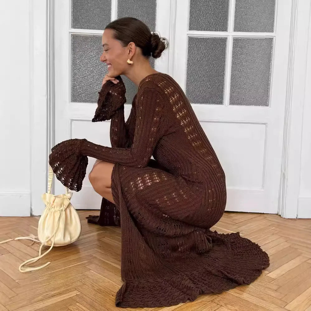 Maxi Cardigan Button Front Long Sleeve Sheer Open-knit Long Cover-up Jacket