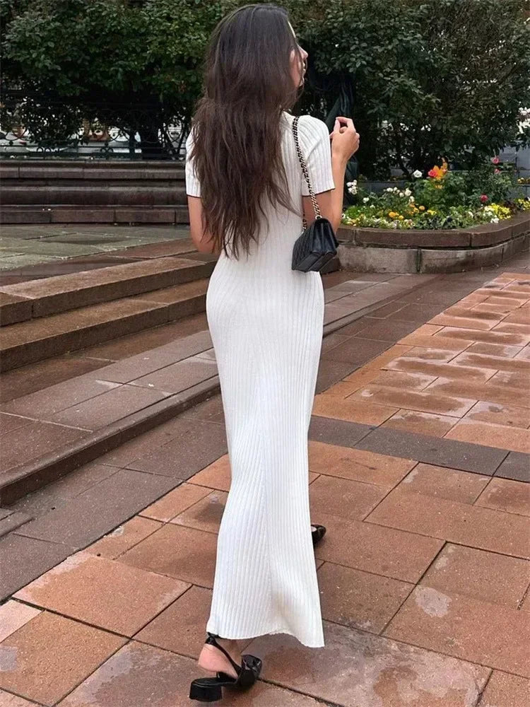 Knit Contrast Stich Polo Midi Dress
