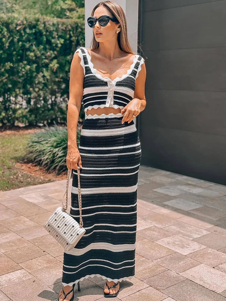 Striped Contrast Knitted Skirt Set 2 Piece