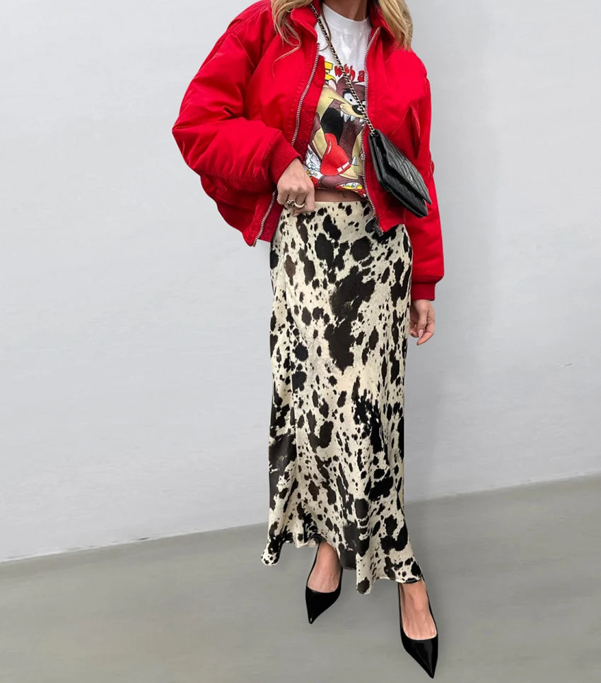 Cow Print Satin Maxi Skirt Le Frill