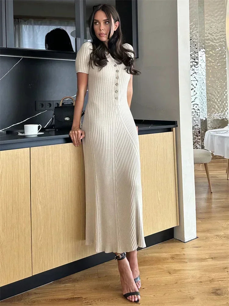 Knit Contrast Stich Polo Midi Dress