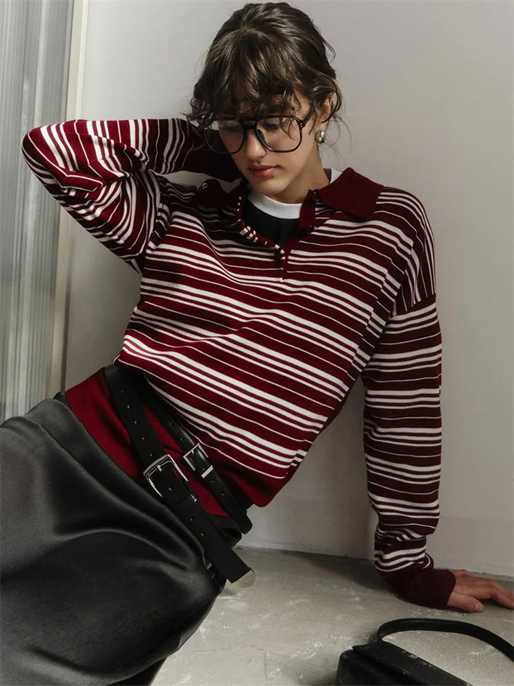 Striped Polo Knit Sweater Pullover