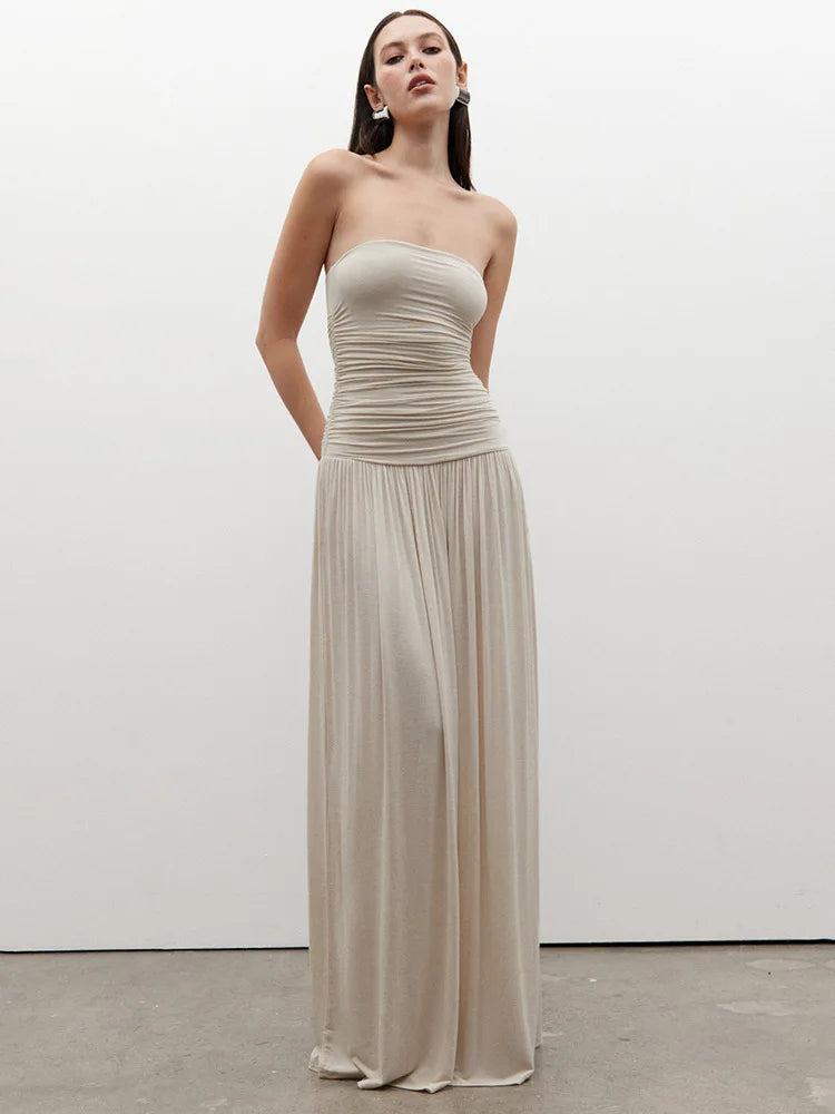 Off-shoulder Strapless Pleated Maxi Dress