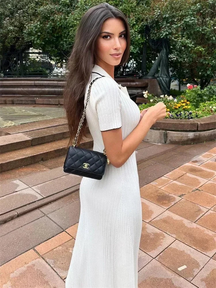 Knit Contrast Stich Polo Midi Dress