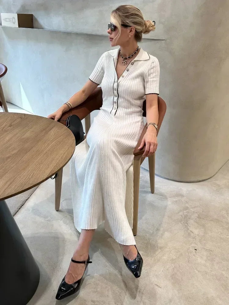 Knit Contrast Stich Polo Midi Dress