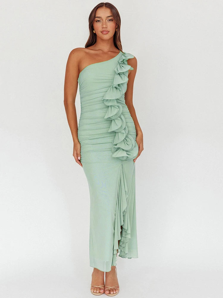 One Shoulder Draped Ruffle Maxi Dress