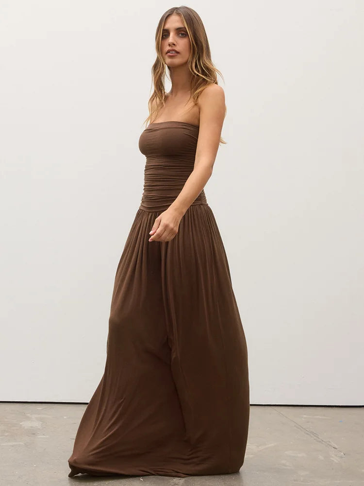 Off-shoulder Strapless Pleated Maxi Dress