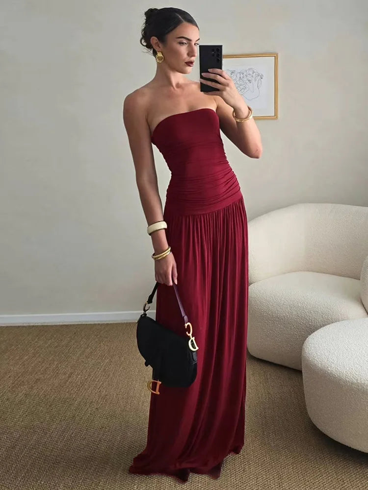 Off-shoulder Strapless Pleated Maxi Dress