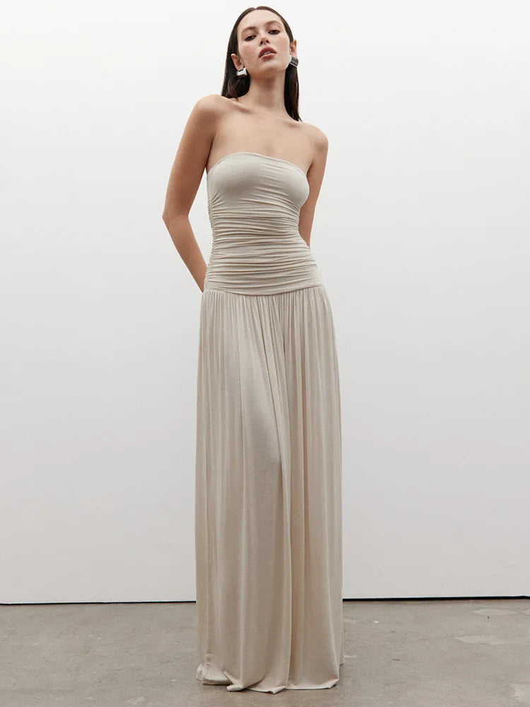 Off-shoulder Strapless Pleated Maxi Dress