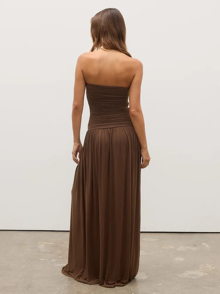 Off-shoulder Strapless Pleated Maxi Dress