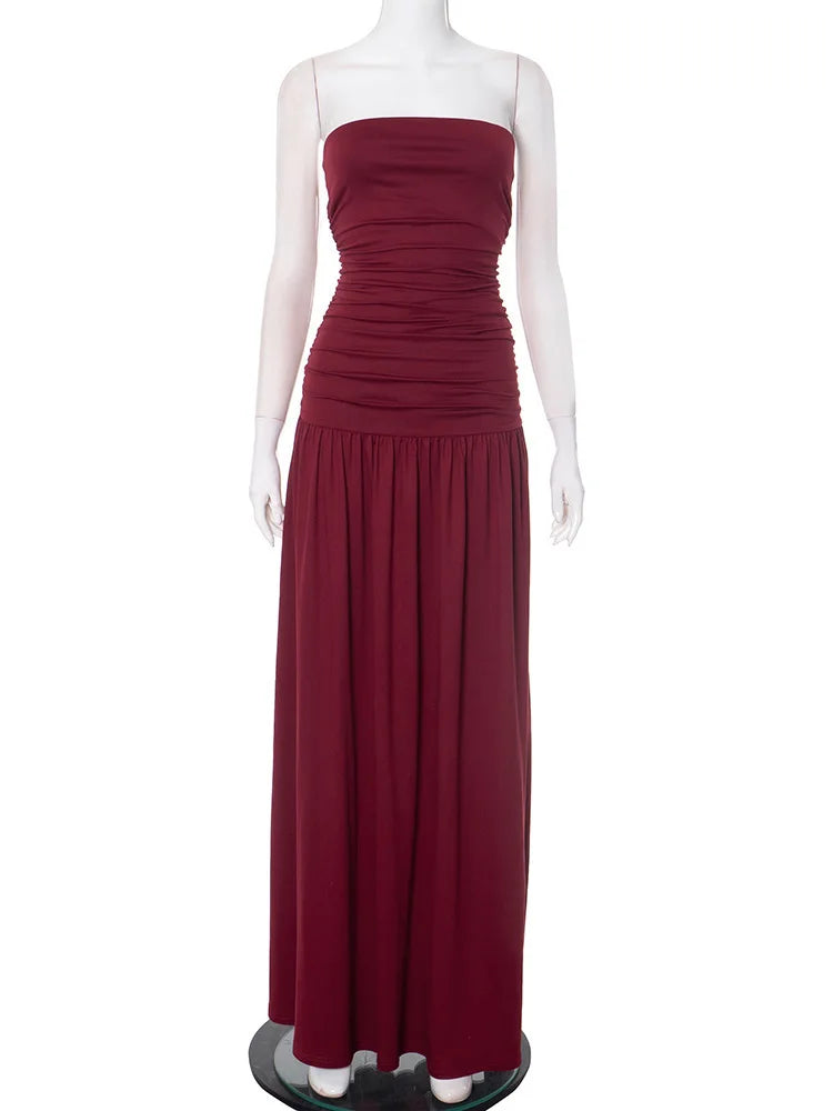 Off-shoulder Strapless Pleated Maxi Dress