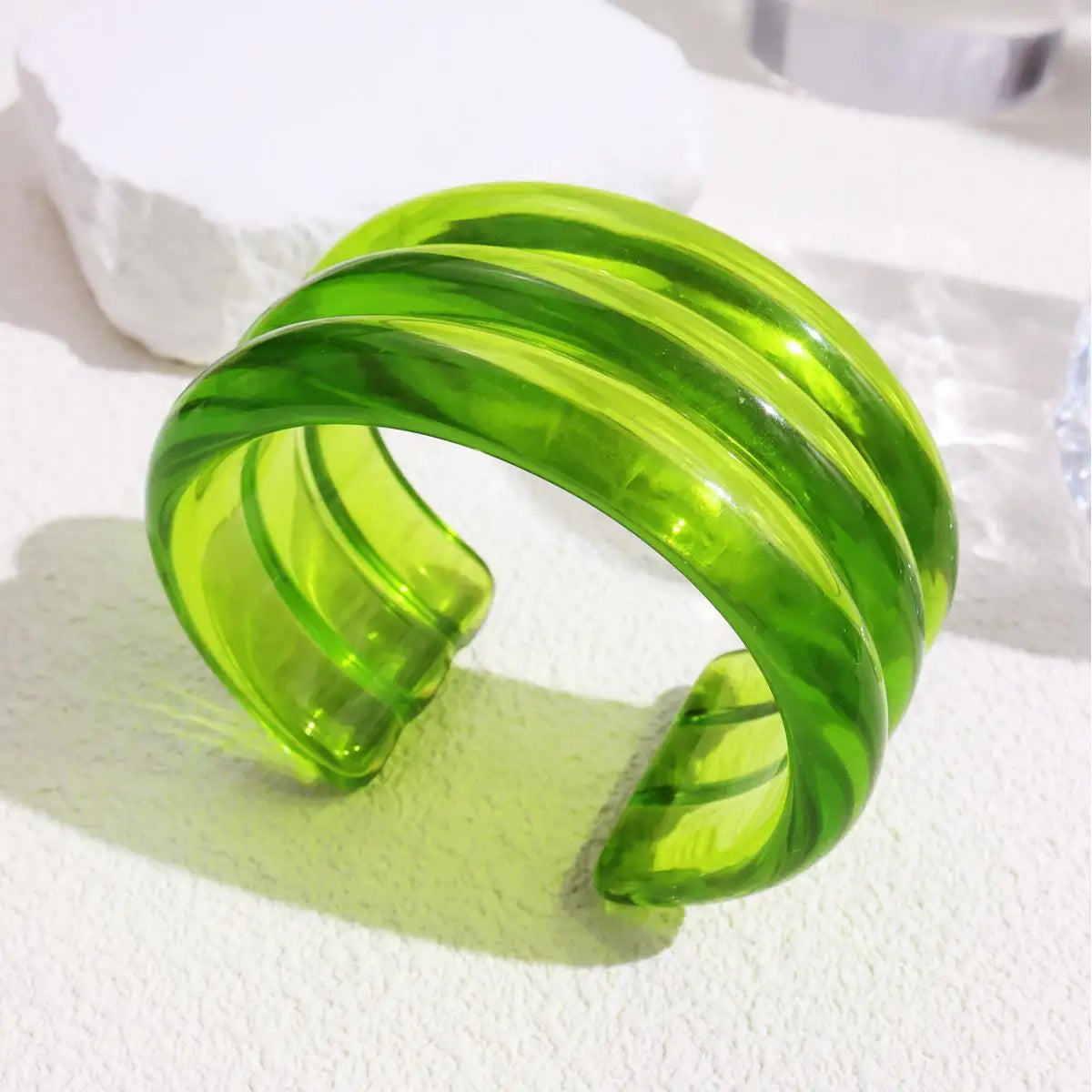 Chunky Geometric Wide Green Transparent Resin Bangle Bracelets