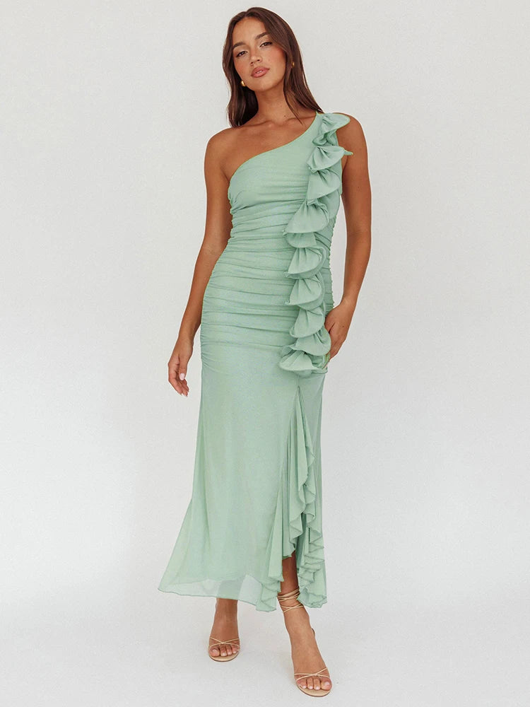 One Shoulder Draped Ruffle Maxi Dress