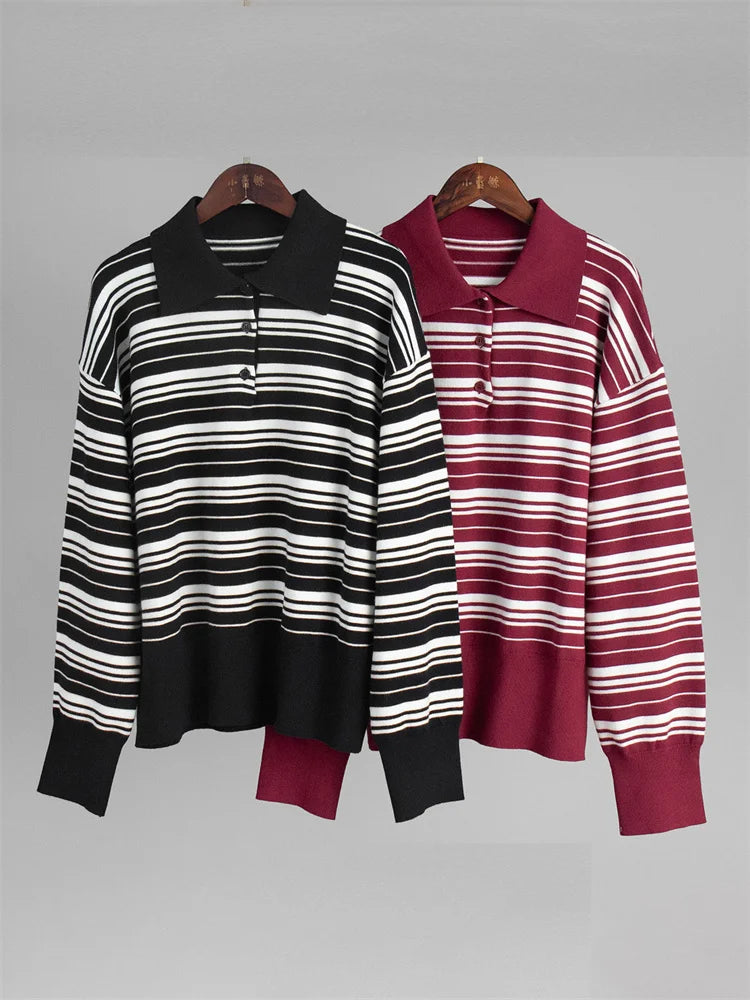 Striped Polo Knit Sweater Pullover