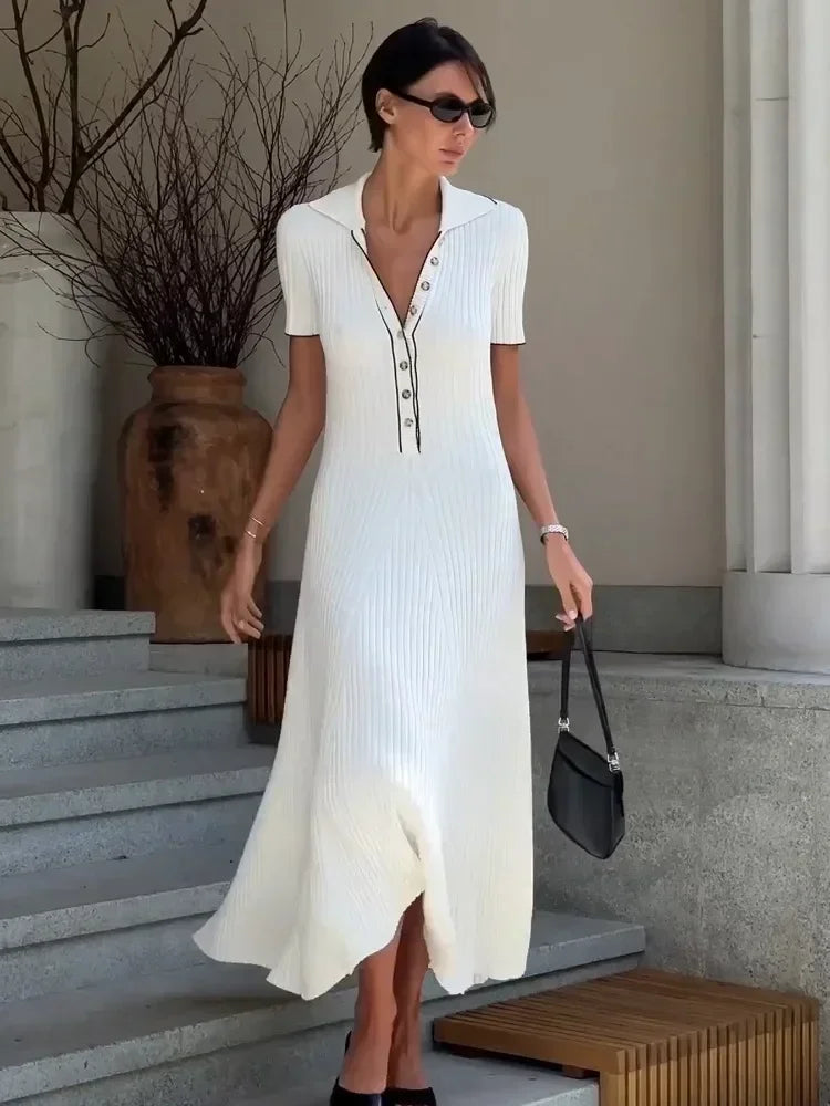 Knit Contrast Stich Polo Midi Dress