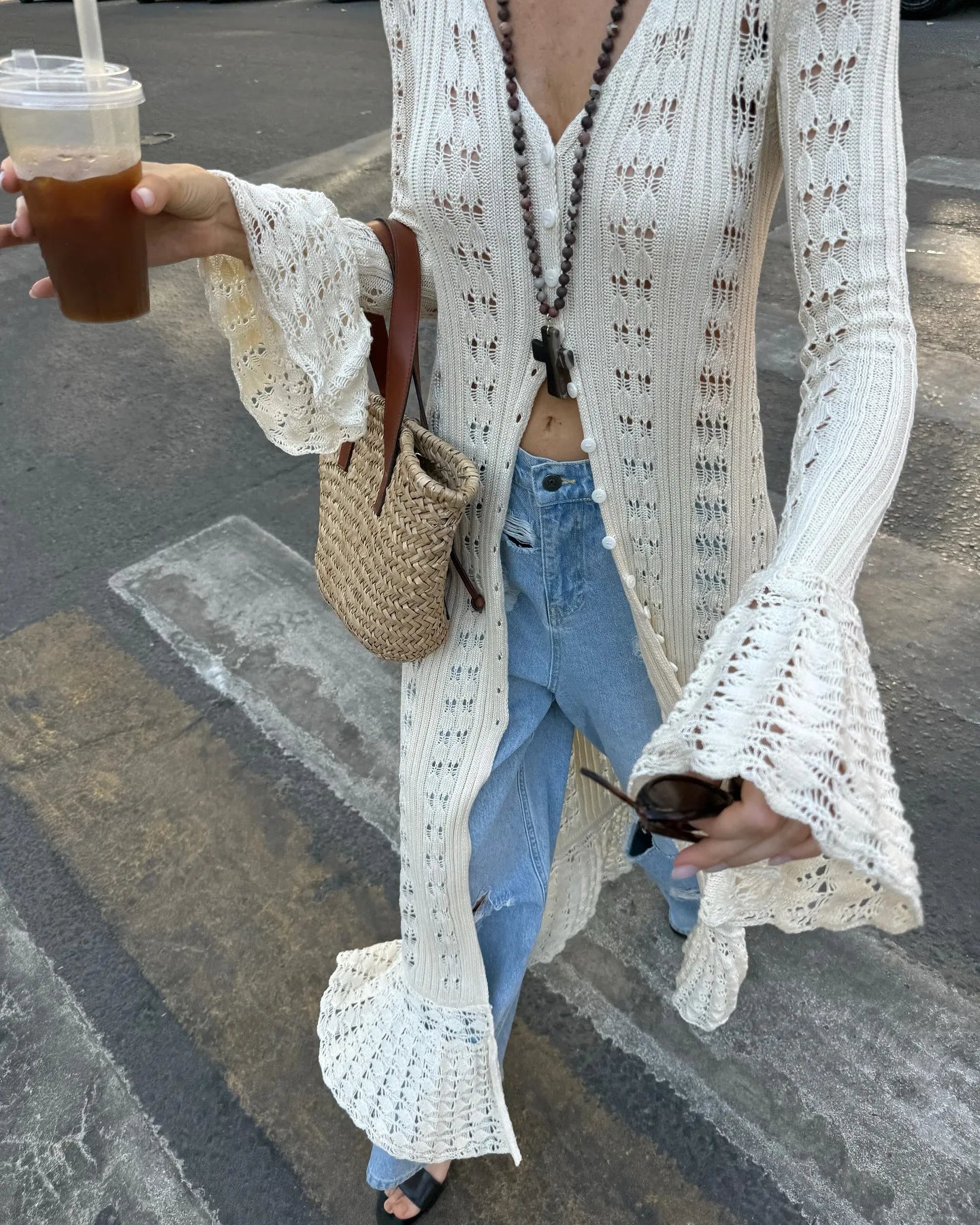 Maxi Cardigan Button Front Long Sleeve Sheer Open-knit Long Cover-up Jacket