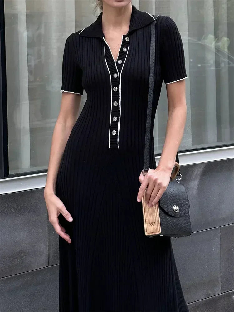 Knit Contrast Stich Polo Midi Dress