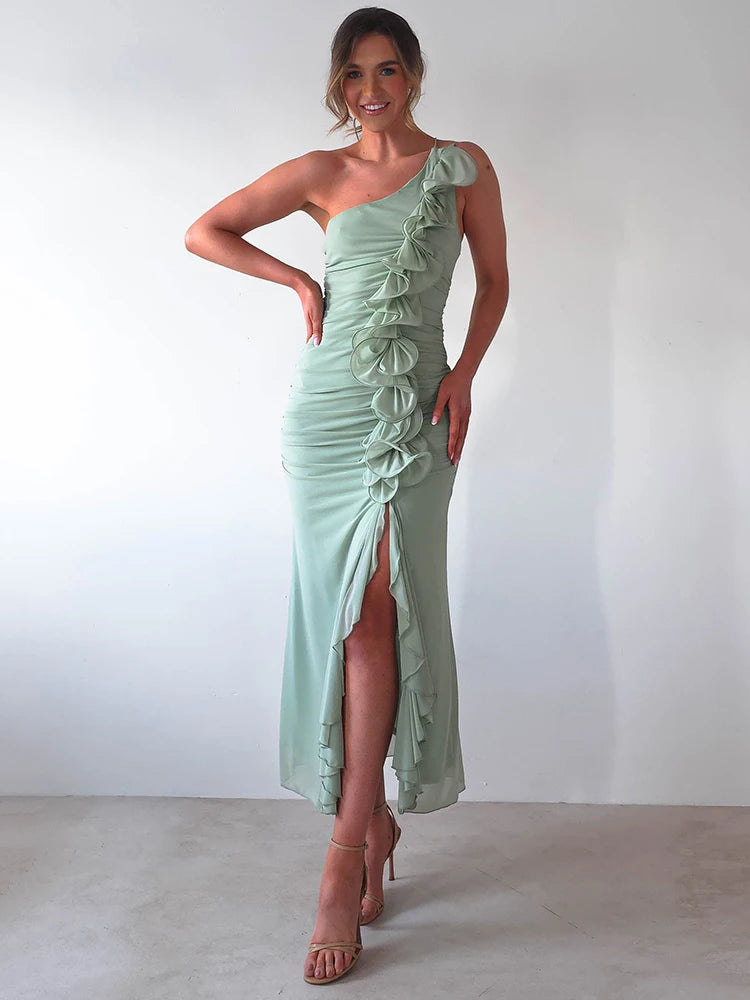 One Shoulder Draped Ruffle Maxi Dress