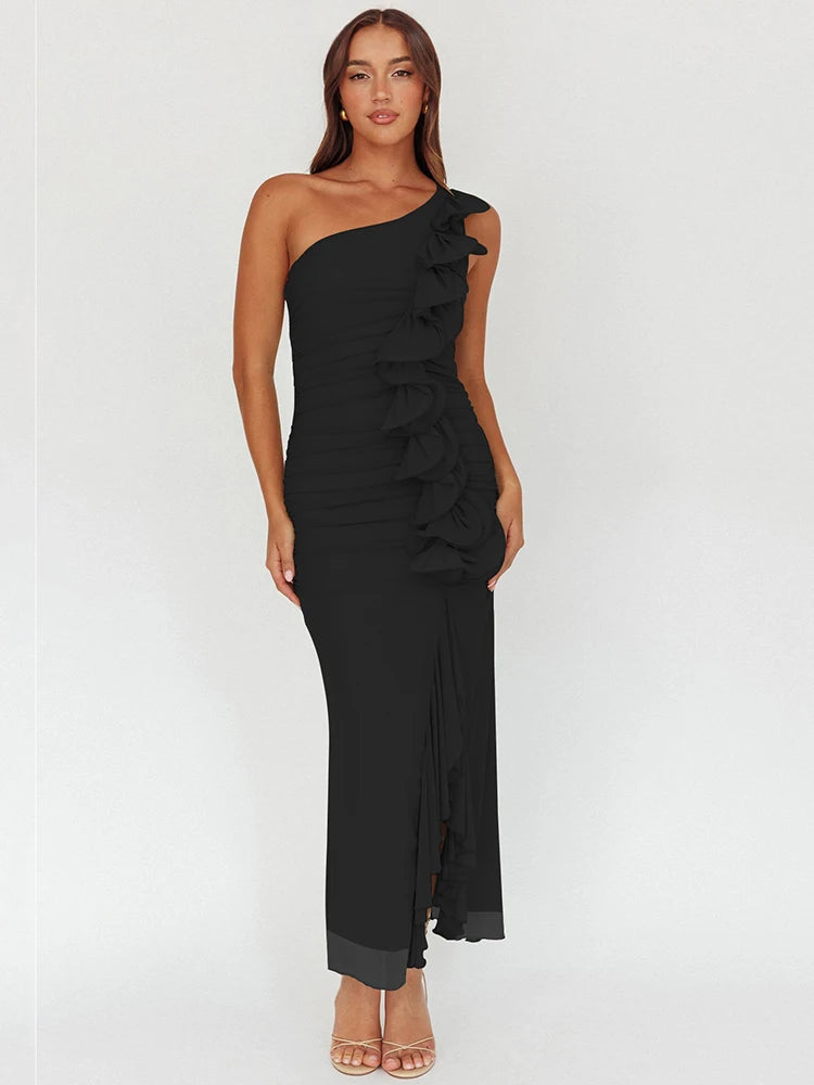 One Shoulder Draped Ruffle Maxi Dress