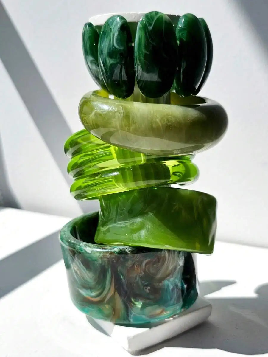 Chunky Geometric Wide Green Transparent Resin Bangle Bracelets