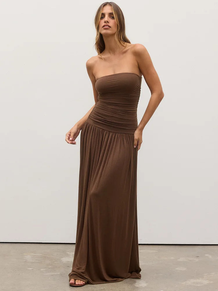 Off-shoulder Strapless Pleated Maxi Dress