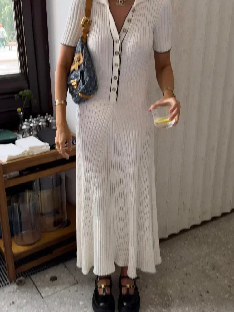 Knit Contrast Stich Polo Midi Dress