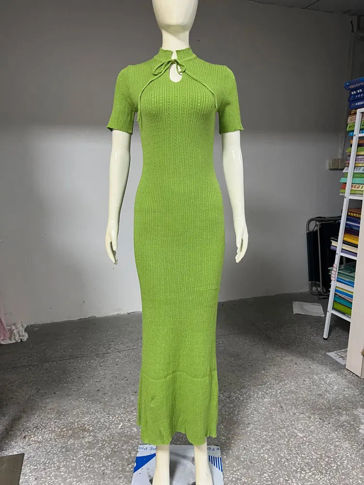 Knit Ribbed Cut Out Lace-Up Dress