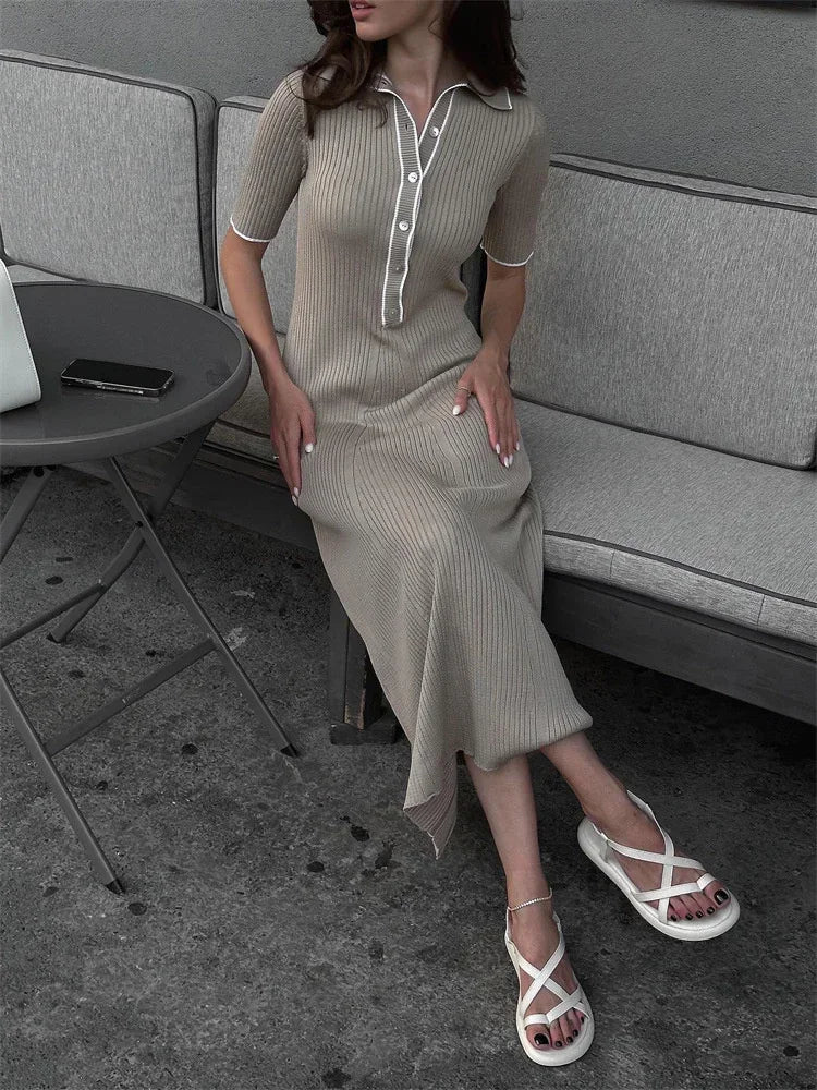Knit Contrast Stich Polo Midi Dress