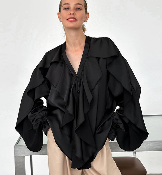 Black Laminated Frills Oversize Shirt