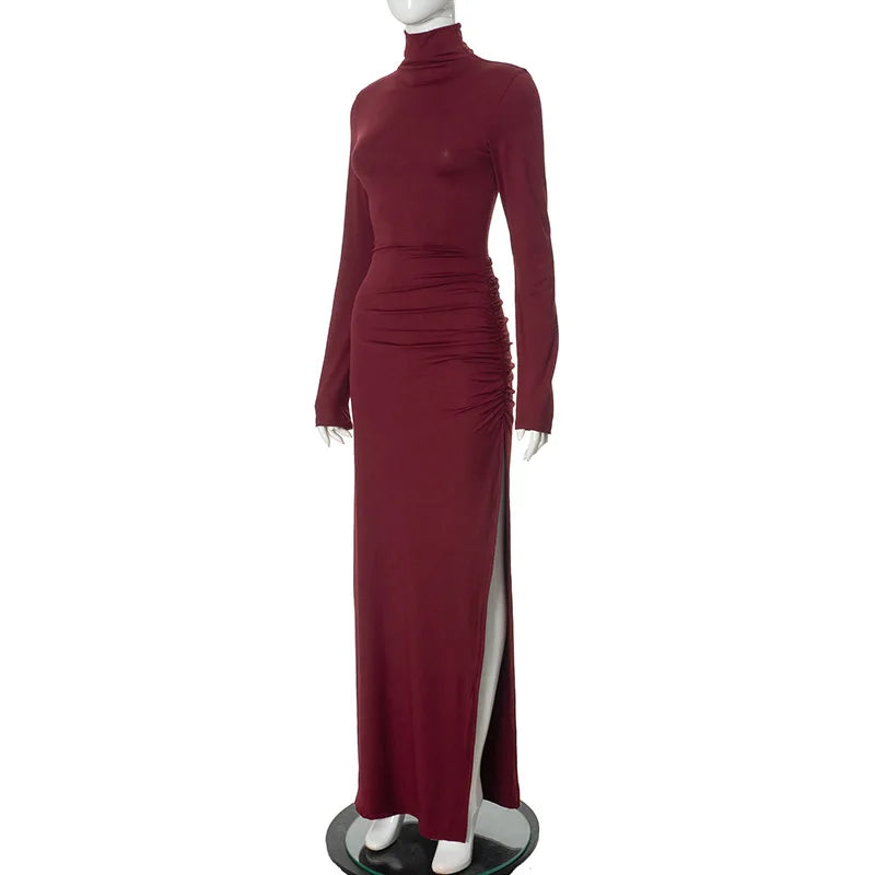 High Split Long Sleeve Maxi Dress Turtleneck