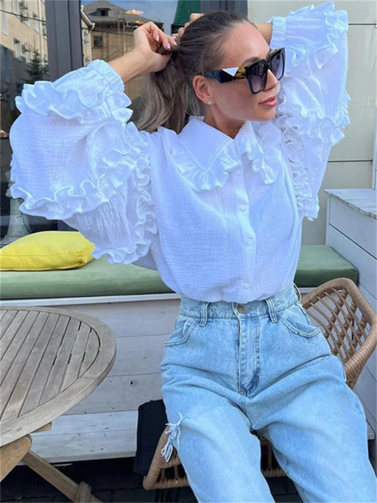 White Ruffled Casual Shirts Lapel Long Sleeve