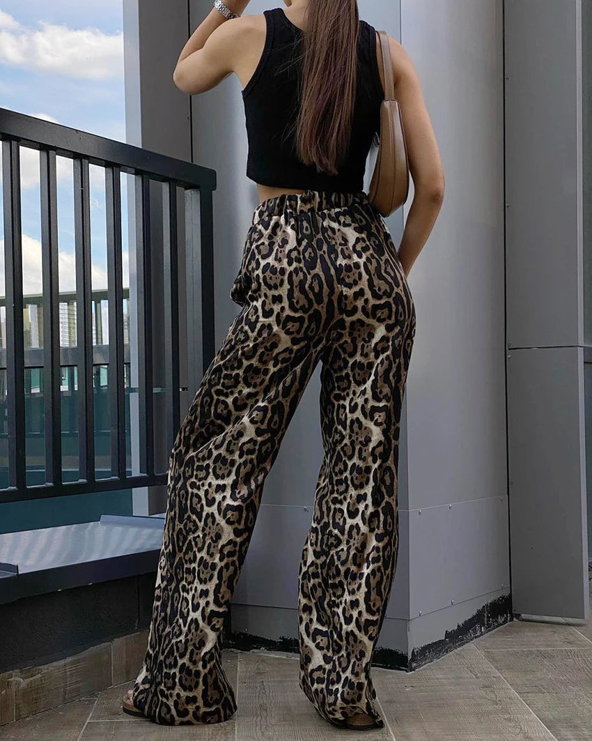 Leopard Print Wide Leg Flowy Pants