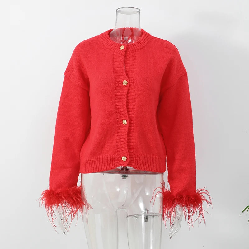 Chunky Cardigan With Decorative Button and Feathers