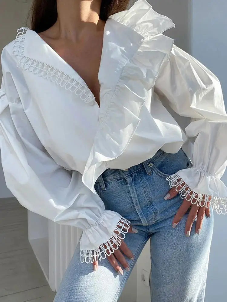 V-neck Asymmetry Frilled Long Sleeve Blouse Shirt