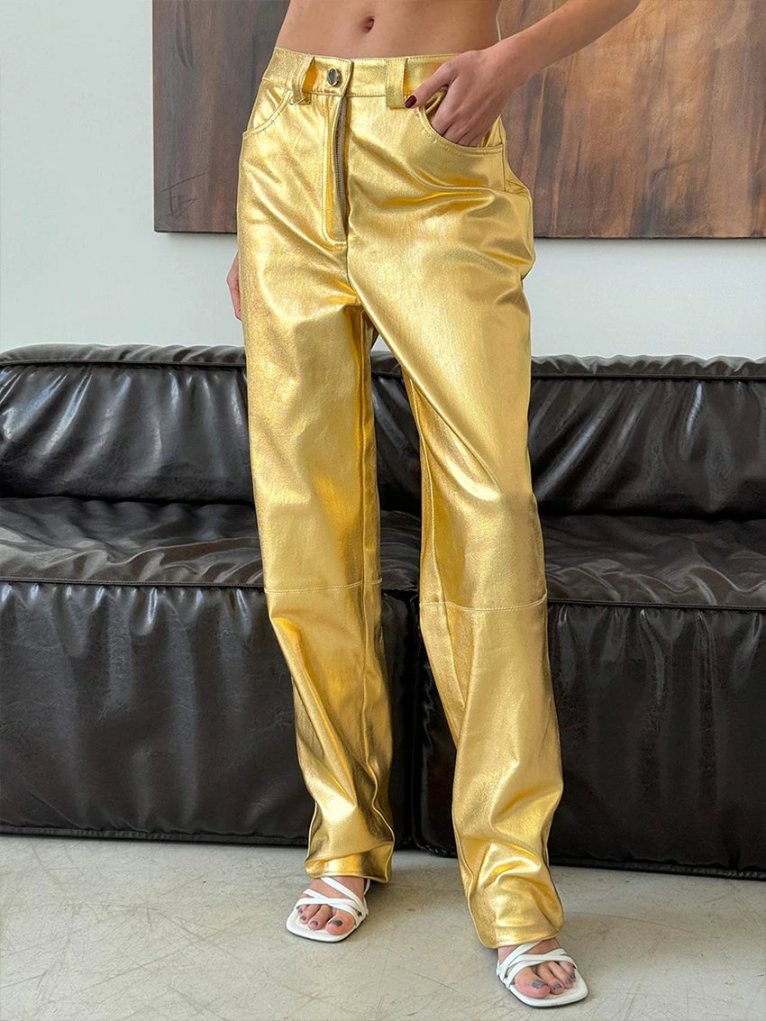 Waxed Leather Effect Golden Straight Pants