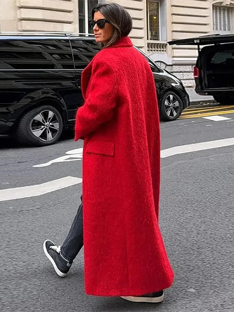 Red Lapel Long Wool Coat