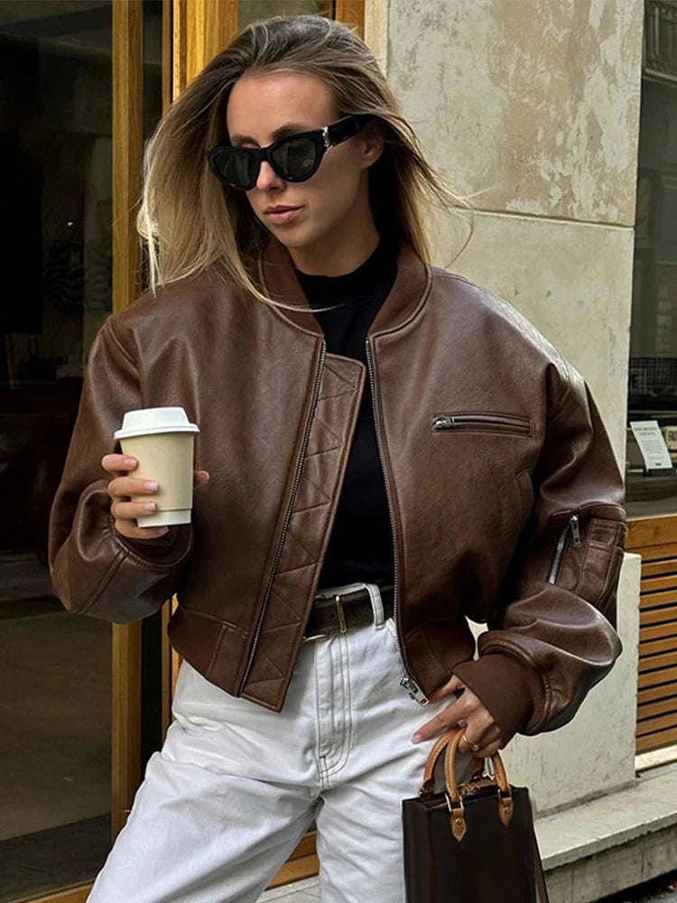 Oversized Cropped Leather Effect Bomber Jacket