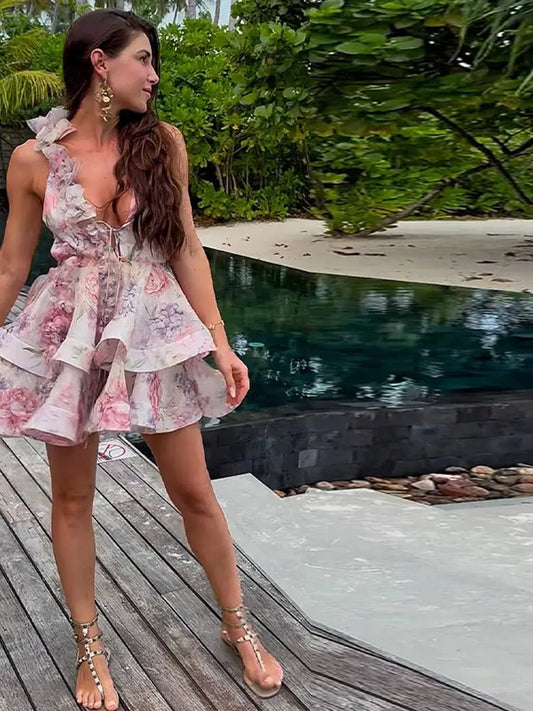 Floral Mini Layered Frilled Dress