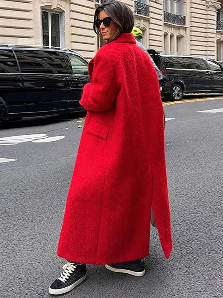 Red Lapel Long Wool Coat