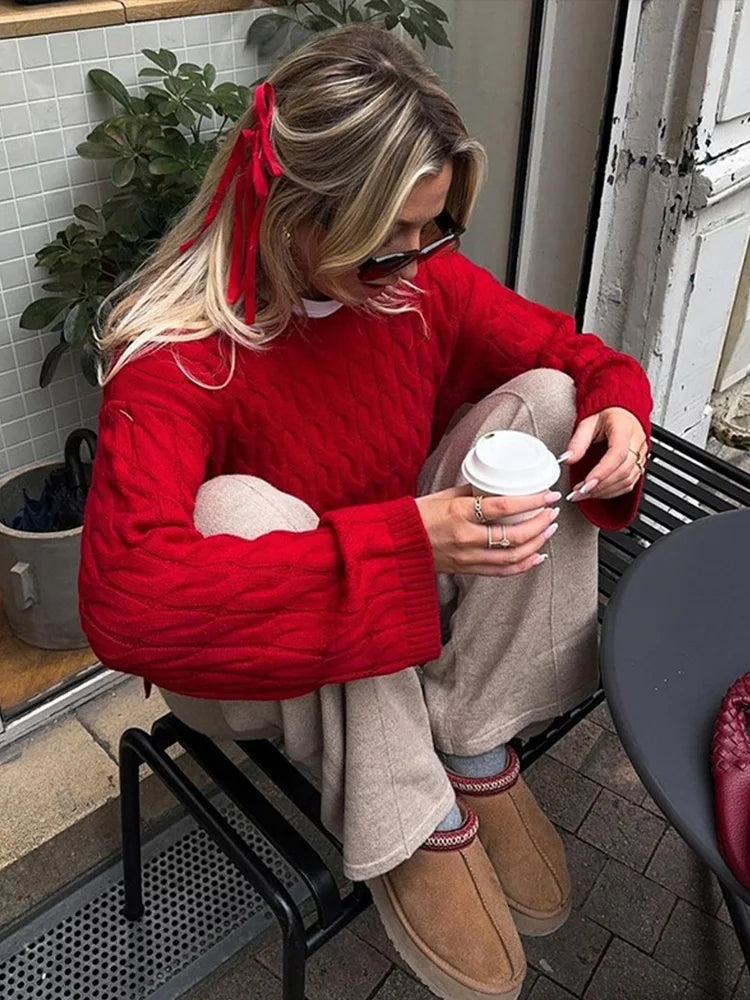 Red Knitted Oversized Cable Sweater