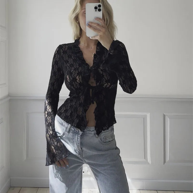 Lace Floral Tops Flare Long Sleeve Tie Front Sheer