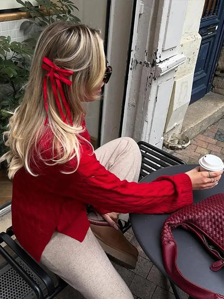 Red Knitted Oversized Cable Sweater