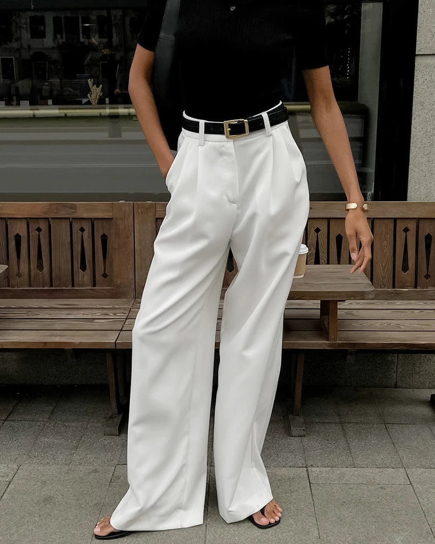 High Waist Floor-Length Pleated Trousers