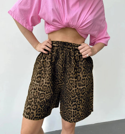 Leopard Print Elastic Shorts Wide Legs Shorts