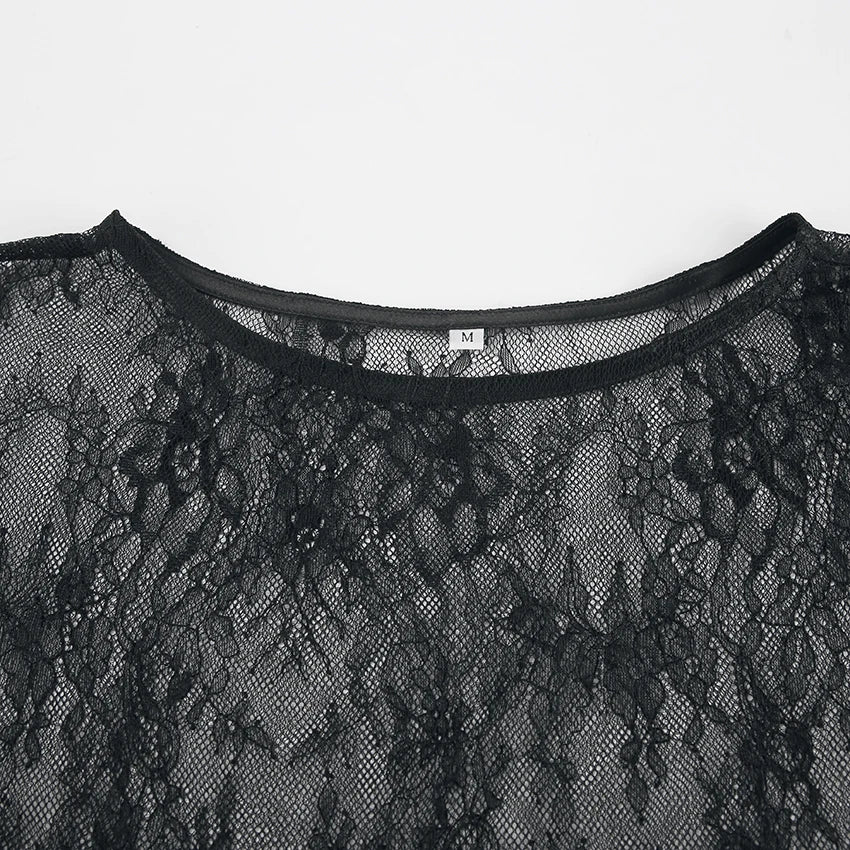 Transparent Lace Assimetric Long Blouses With O-Neck Long Sleeve