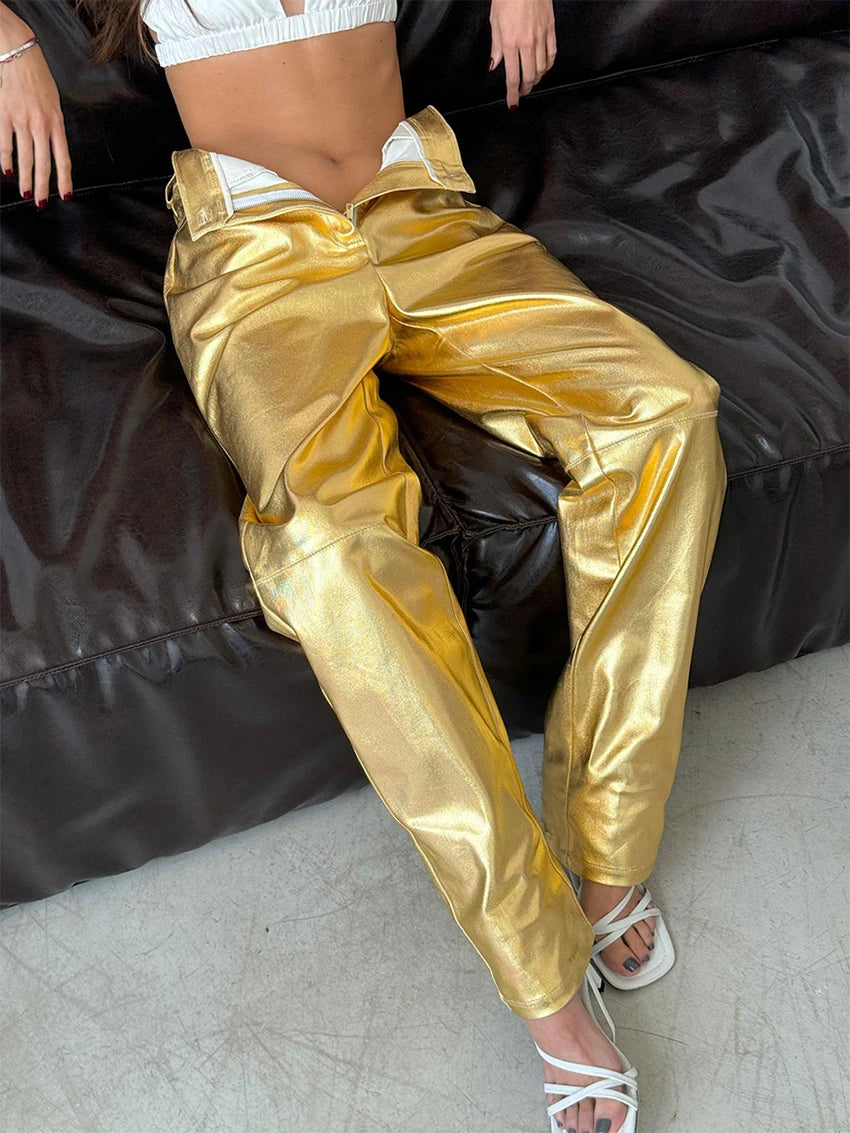 Waxed Leather Effect Golden Straight Pants