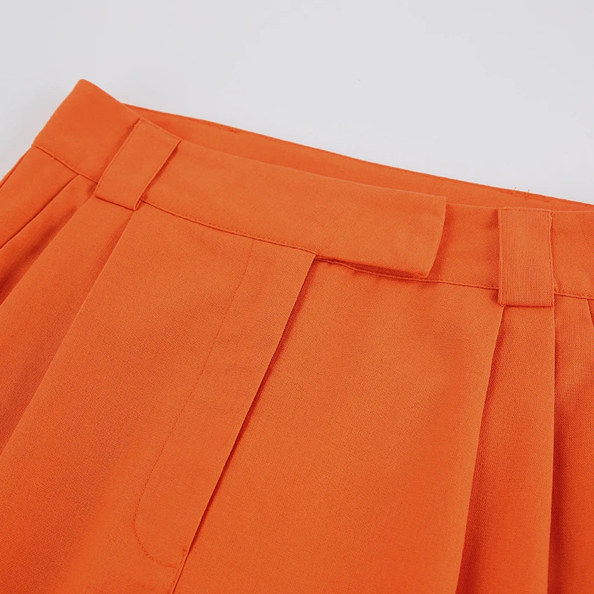 Elegant Orange High Waist Pants Pleated Wide Legs Cotton Linen